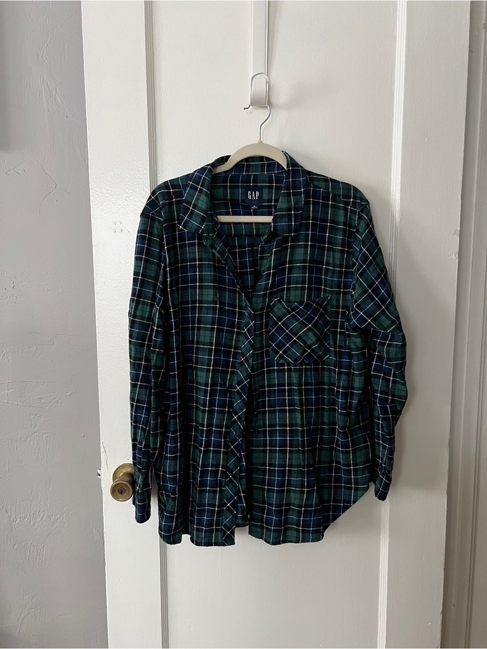 GAP Men's Dark Green and Navy Plaid Button-Down Shirt